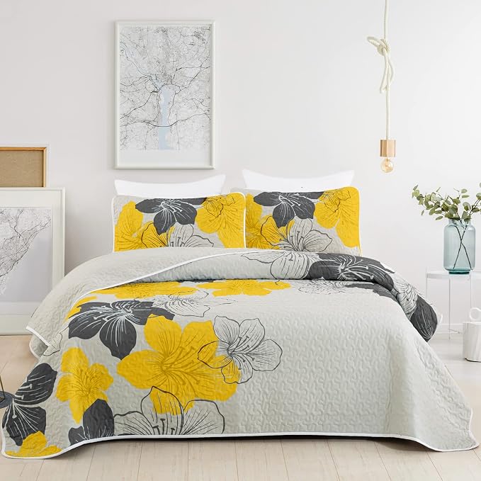 DJY 3 Pieces Quilt Set Queen Yellow Floral Pattern Quilt Coverlet Elegant Boho by HOME