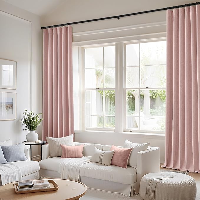 MIULEE 100% Blackout Back Tab Pleat Linen Curtains 50" Wx90 L, Light Pink | 2 - Image 2