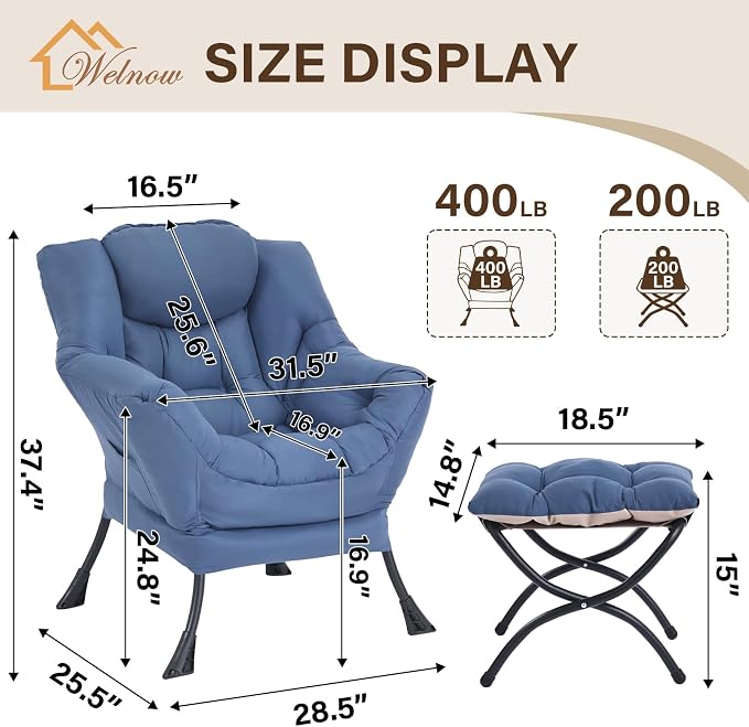 Welnow Lazy Chair with Ottoman, Reading Chair with Footrest, Royal Blue | A - Image 3