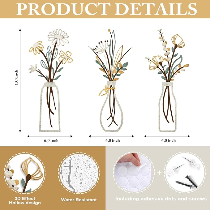 Pigort 3 Pieces Metal Flowers Wall Art- Rustic Farmhouse Decor Minimalist Decor - Image 2