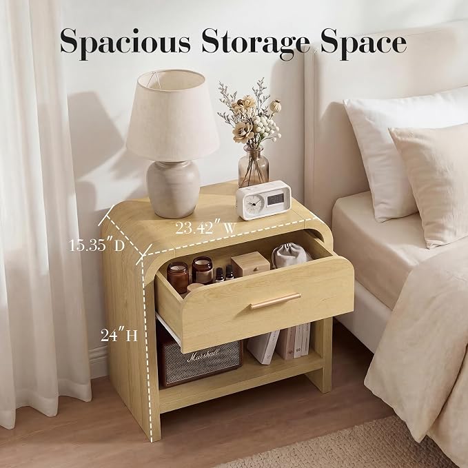 Night Stand Set of 2 1-Drawer and 1 Storage Shelf Nightstand 24" H Metal Handle - Image 2