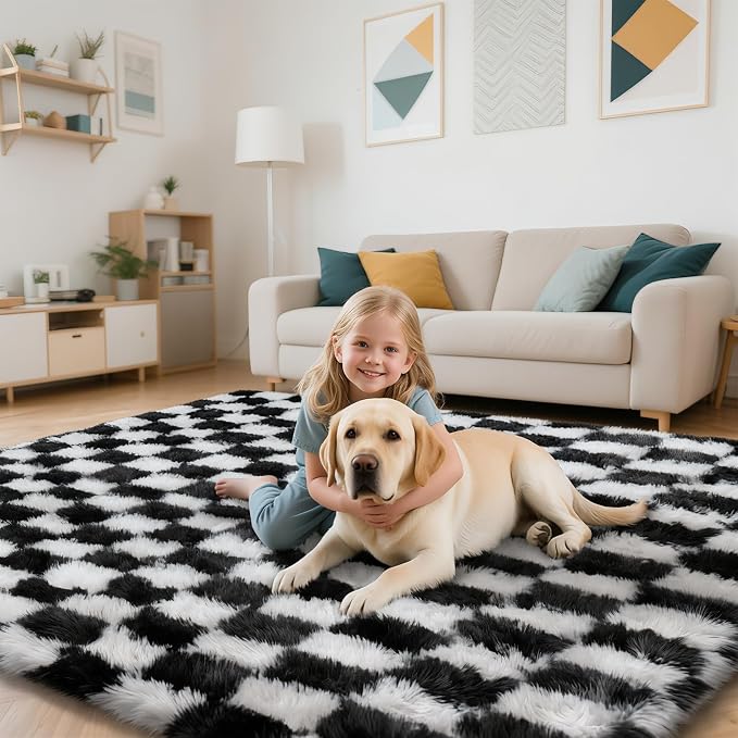 Black and White 6x9 Area Rugs for Bedroom, Fluffy Shag Rug Bedside Carpet | - Image 5