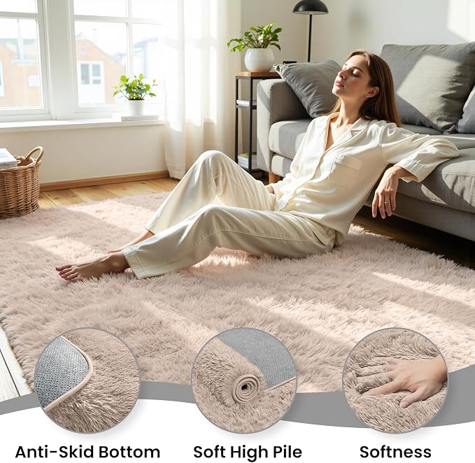 5x7 Fluffy Area Rug for Living Room: Soft Non-Slip Beige Bedroom Carpet | Ultra - Image 5