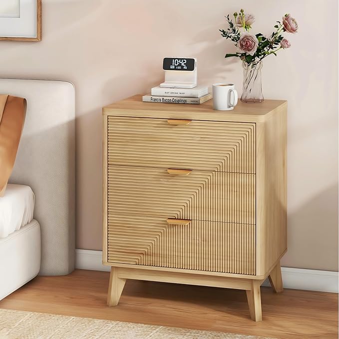 LYNCOHOME 3 Drawer Fluted Nightstand, Modern Wood Night Stand by LYNCOHOME