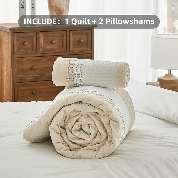 California King Quilt Set Beige, 3 Pieces Bedspreads | Ultra Soft Lightweight - Image 7