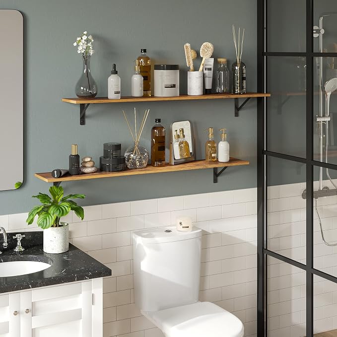 Long Wall Shelves, 55.1Inch Wooden Wall Mounted Shelves, Metal Brackets - Image 4