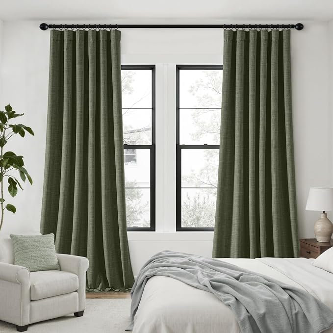 MIULEE 100% Blackout Back Tab Pleat Linen Curtains 50" Wx84 L, Olive Green | 2 - Image 2
