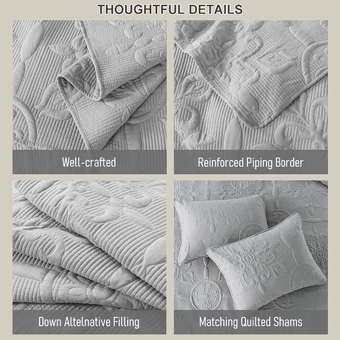 Light Grey Damask Quilt Queen Size Bedding Sets - Image 6