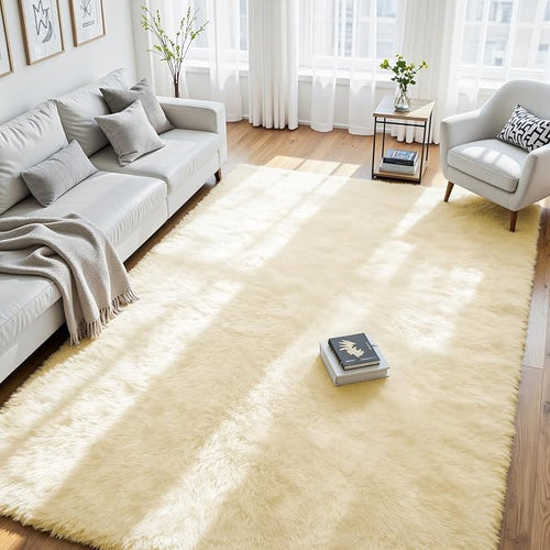 9x12 Fluffy Area Rug for Living Room: Non-Slip Cream White Bedroom Carpet | by Oriannal