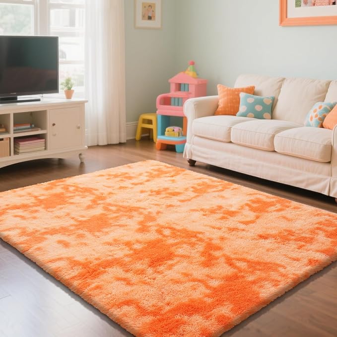 4x6 Mottled Orange Rug for Bedroom, Fluffy Shag Area Rugs Bedside Carpet | by Yongyangjuxi