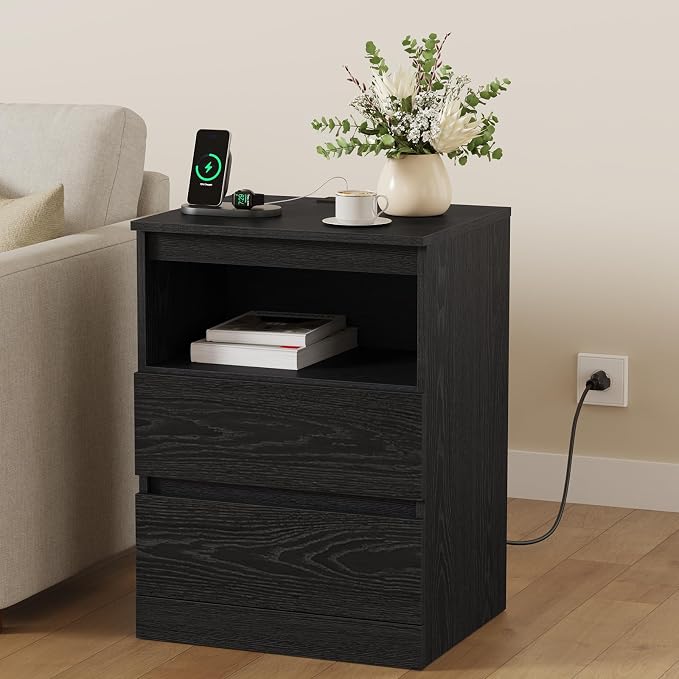 Nightstands Set of 2 with Charging Station, LED Lights and Drawer, Sofa Side - Image 8