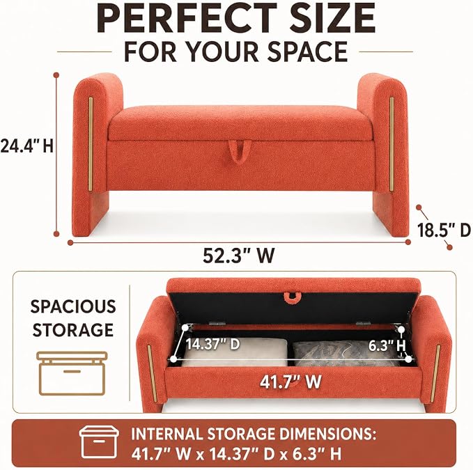 52" Upholstered Storage Bench, Wood Frame | Mid-century storage ottoman bench - Image 2