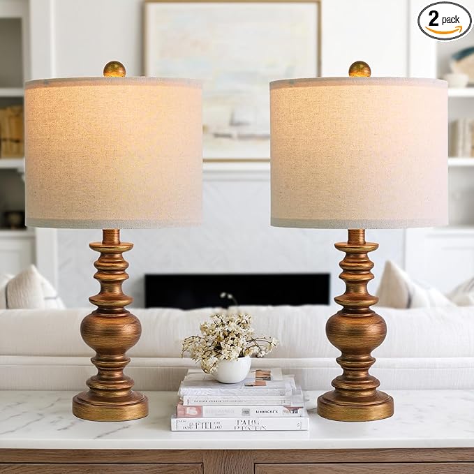 BOBOMOMO 20" Antique Gold Table Lamps Set of 2 – Handcrafted Vintage Bedside by BOBOMOMO