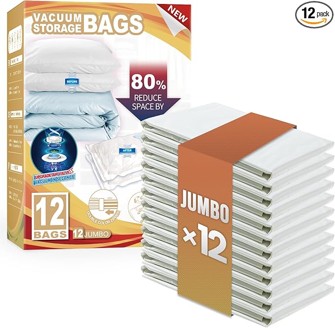 TAILI 12 Pack Vacuum Storage Bags, Jumbo Size, Cream | Vacuum Seal Bags by TAILI