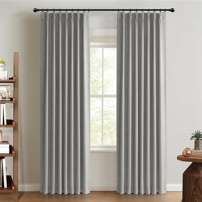 Pinch Pleated Full Blackout Faux Linen Curtains 108 Inches Long | Grey by 100BlackoutShield