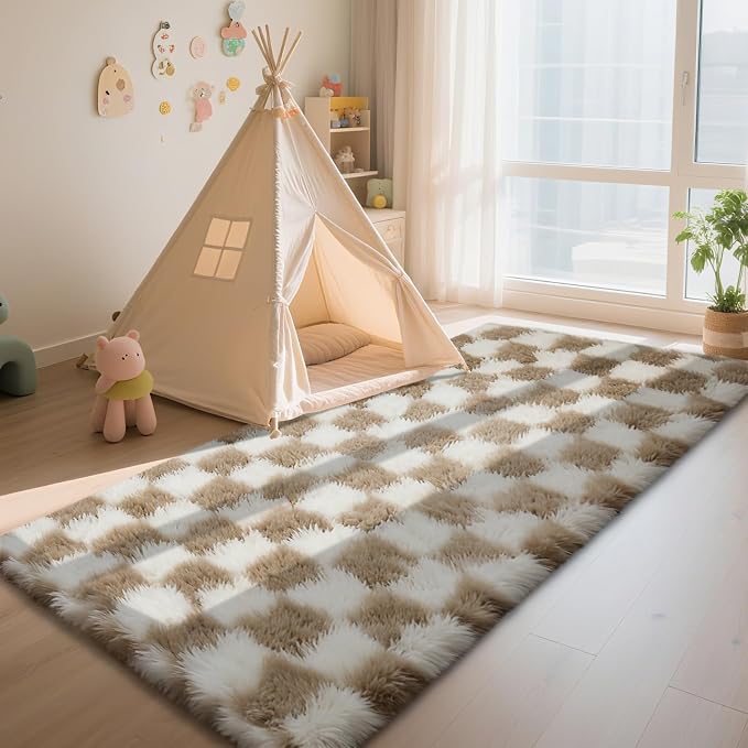 Beige and White 2x4 Area Rugs for Bedroom, Fluffy Rug Small Bedside Carpet | - Image 3