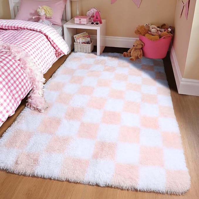 KICMOR Pink Rugs for Bedroom Girls, 3x5 Small Fluffy Soft Bedside Checkered - Image 8