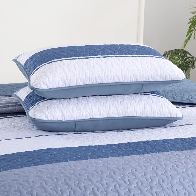 Dinjoy King Boho Striped Quilt Set, Mineral Blue Lightweight Bedspread | Soft - Image 8