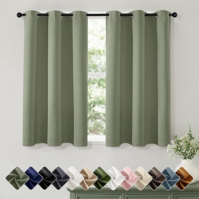 Short Sage Green Blackout Kitchen Curtain W40 x L45 Inch 2 Panels | Thermal by Woaboy