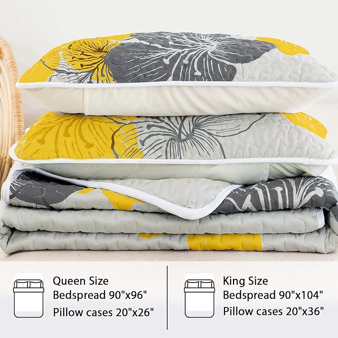 DJY 3 Pieces Quilt Set King Yellow Floral Pattern Quilt Coverlet Elegant Boho - Image 6
