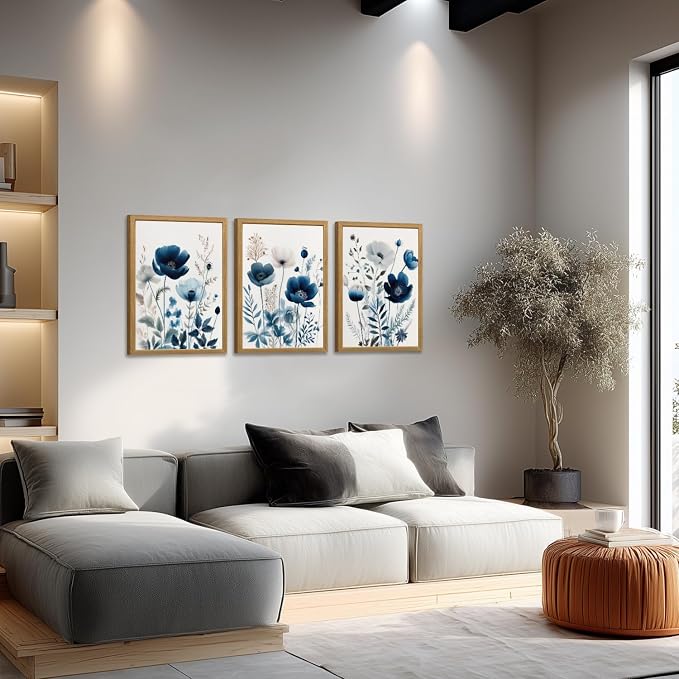 LLEEMPI Navy Blue Floral Wall Art Set of 3, 12x16 Wood Framed Canvas Prints | - Image 3