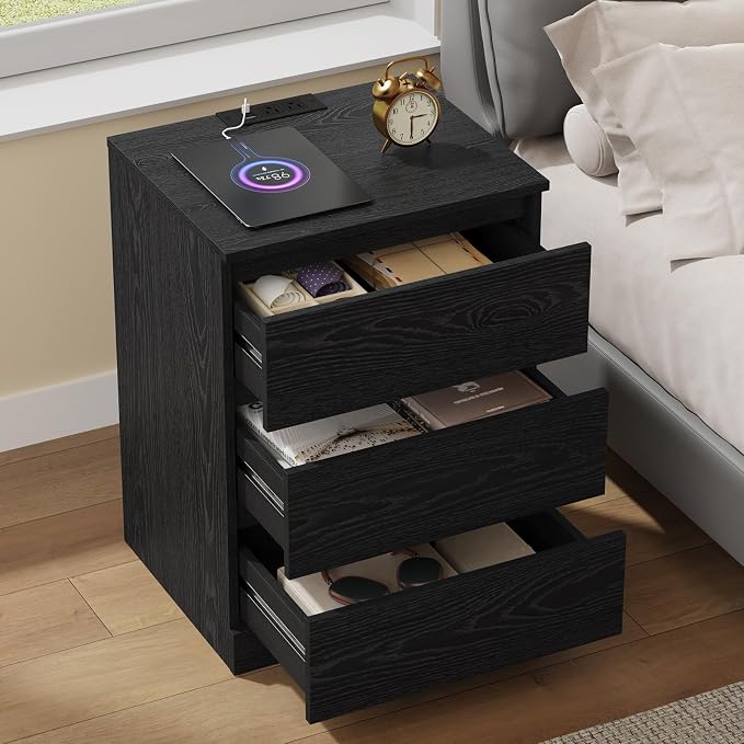 Nightstands Set of 2 with Charging Station and Drawer, Modern End Tables - Image 6