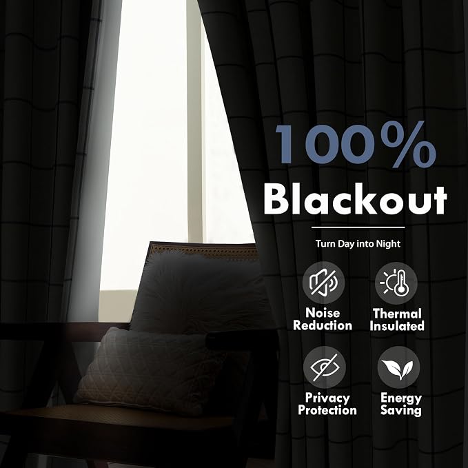 DriftAway 100% Blackout Plaid Curtains 102 Inches Long 2 Panels Navy Blue | - Image 6