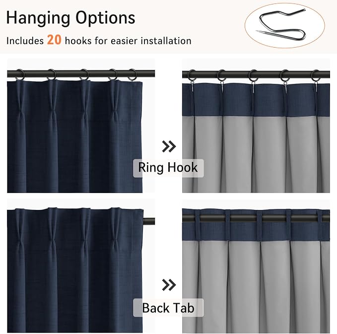 Pinch Pleated Full Blackout Faux Linen Curtains 80 Inches Long | Midnight Blue - Image 3
