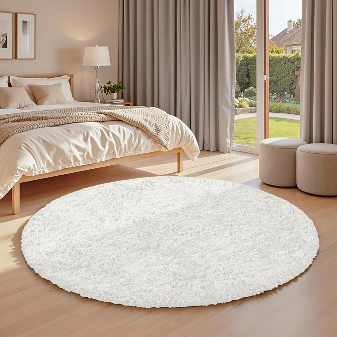 White Round Fluffy Rug 5ft Plush Fuzzy Shaggy Carpet | Soft Rugs - Image 3