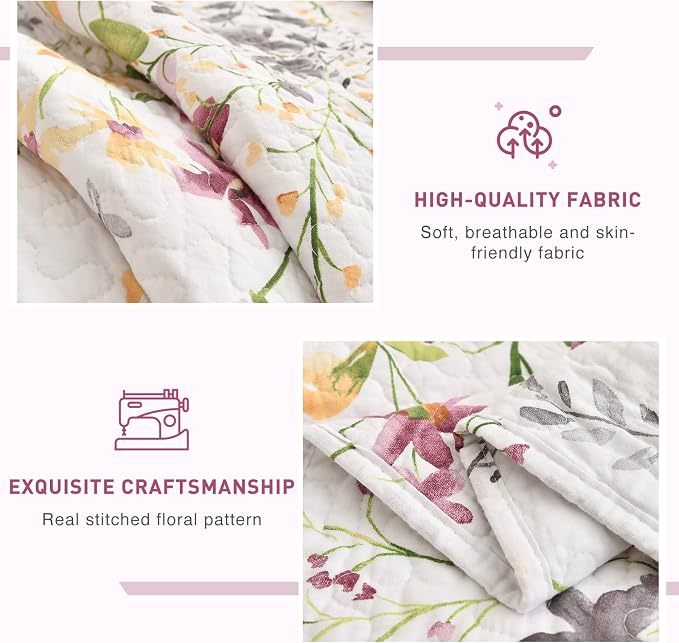 Lady Ann Wild Floral Printed Bed Quilt Sets Queen 100% Cotton Yellow Flower - Image 3
