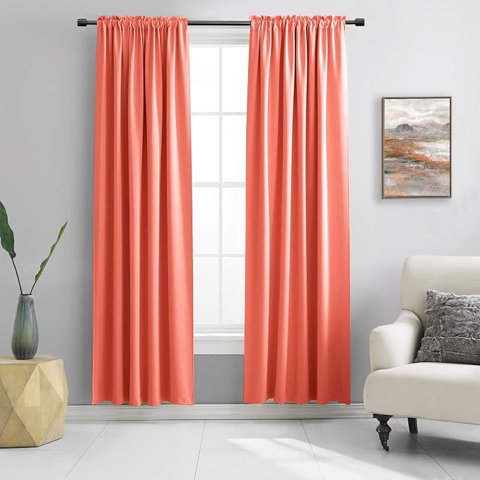 Coral Blackout Curtains Rod Pocket Curtain Panels -Thermal Insulated Curtains by DONREN