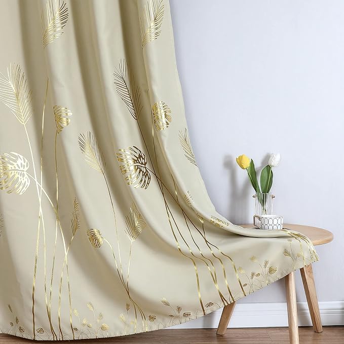Tropical Leaves Window Curtains Grommet Gold Palm Tree Blackout Curtains Window - Image 7