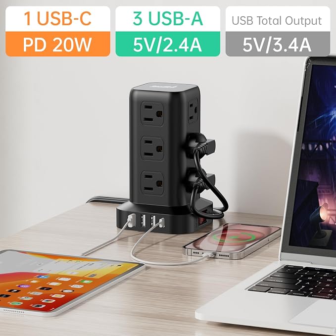 Extension Cord with Multiple Outlets, SMALLRT Power Strip Tower with USB Ports - Image 4
