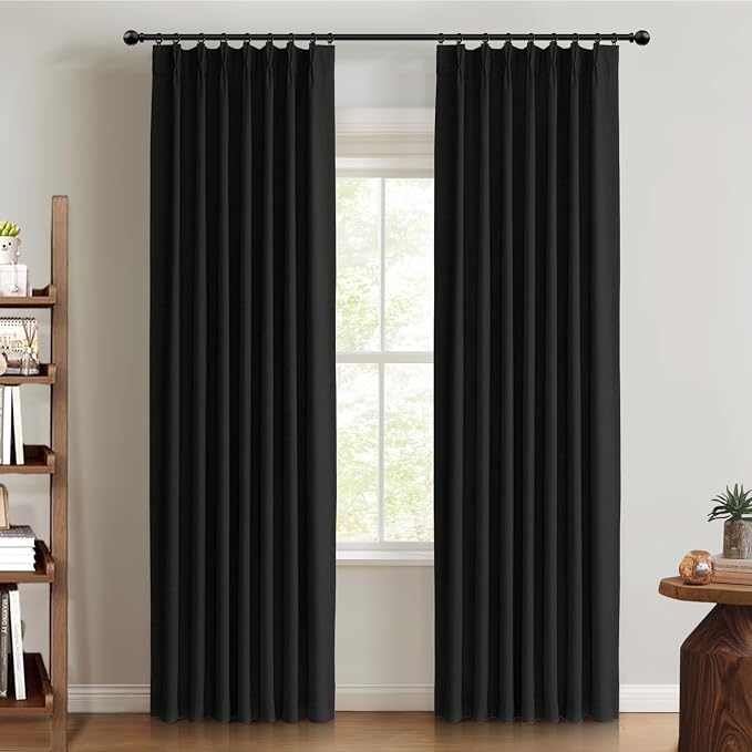 Pinch Pleated Full Blackout Faux Linen Curtains 96 Inches Long | Black by 100BlackoutShield