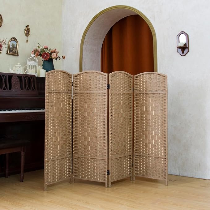 Compact 4 Panel Short Room Divider, 47.2 Inch Tall Double-Sided Rattan Folding - Image 5