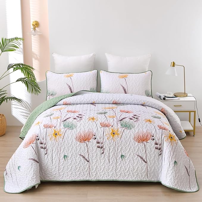 Dinjoy Floral Quilt Set Queen, 3 Pieces Sage Green Botanical Bedspreads | Soft by DINJOY