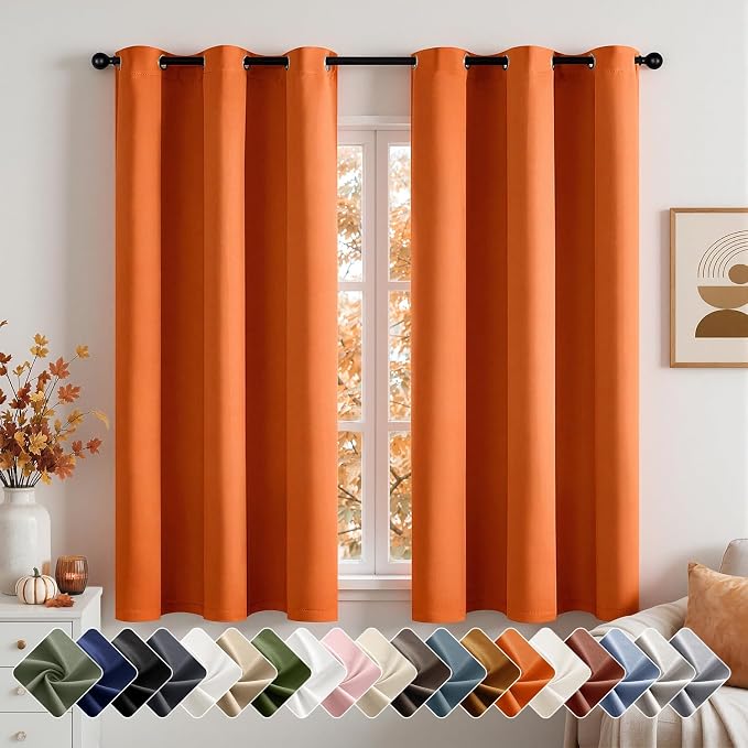 Short Fall Orange Blackout Kitchen Curtain W40 x L54 Inch 2 Panels | Thermal by Woaboy