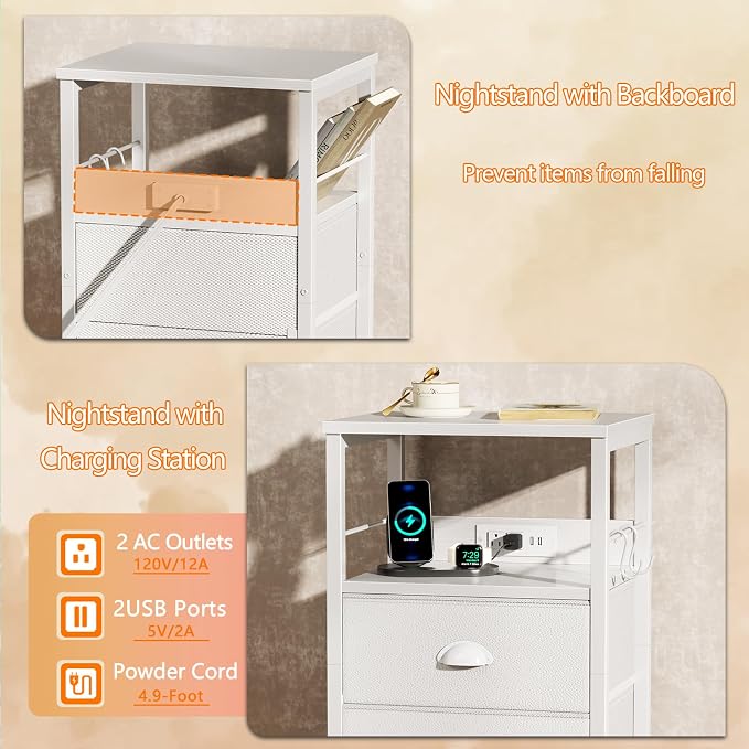 Furologee End Table with Charging Station, Nightstand with Fabric Drawers - Image 5