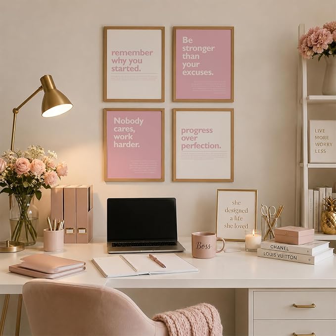 DSHFG Pink Motivational Inspirational Office Wall Art Decor Prints Set of 4 | - Image 3