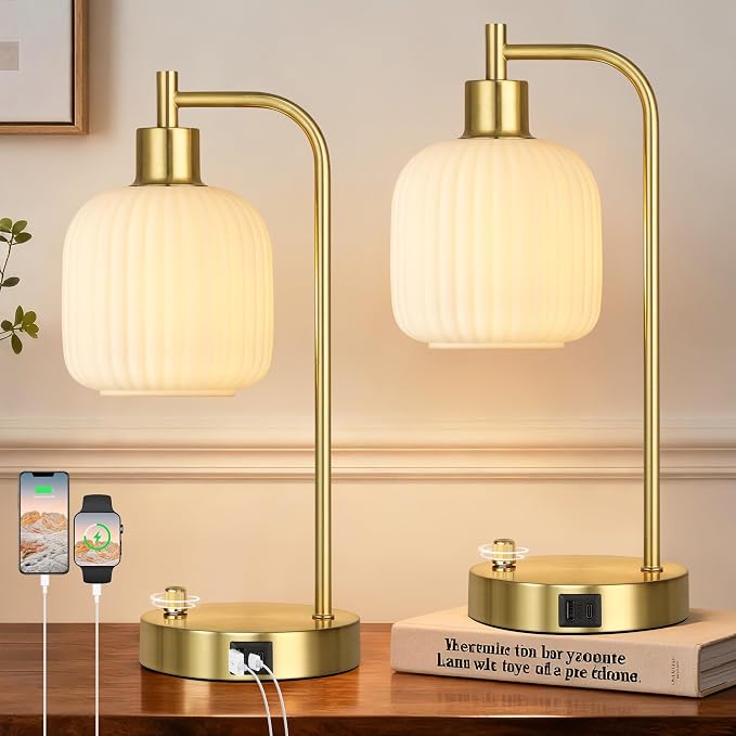 Cream Glass Table Lamps Set of 2, Dimmable Bedside Lamps by Qimh