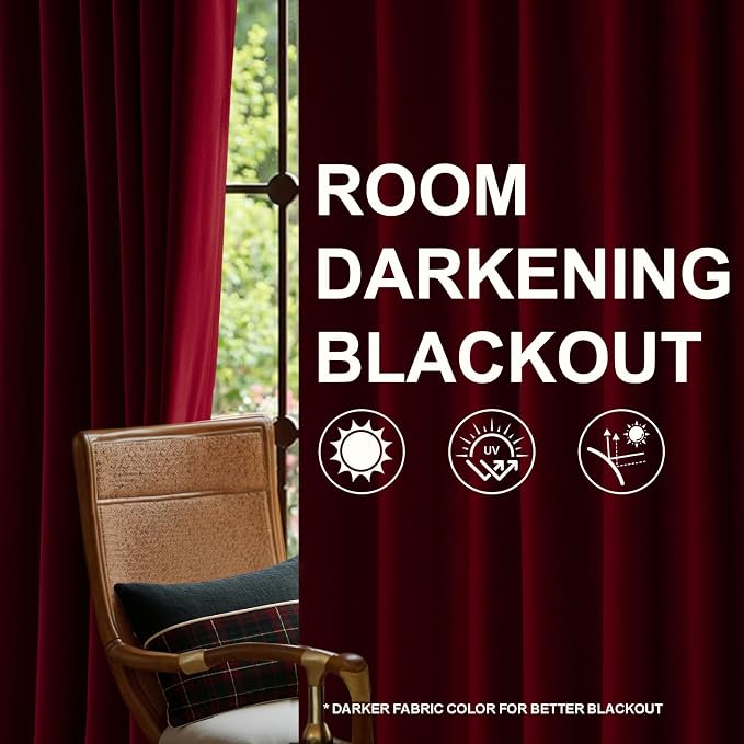 108 Inches Long Red Velvet Curtains, Extra Long Pinch Pleated Blackout Thermal - Image 7