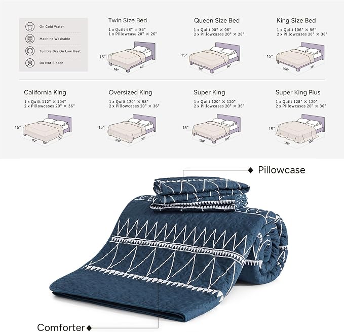 Navy California King Quilt Set, 3 Pieces Boho Striped Bedspread | Soft - Image 6