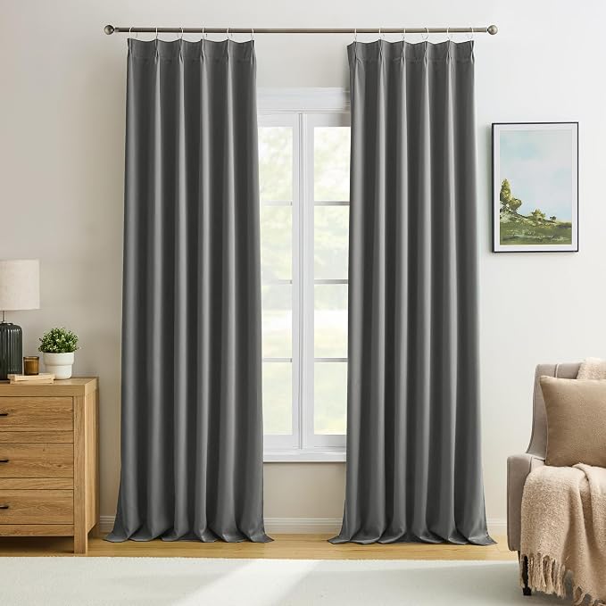 Grey Pinch Pleat Curtains & Drapes 150 Inches Long 2 Panels Set, Privacy by KEQIAOSUOCAI