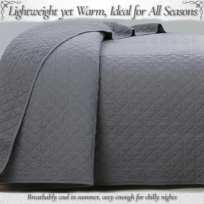 Cozy Line Home Fashions 100% Cotton Quilt Set – 3-Piece Charcoal Gray Solid - Image 3