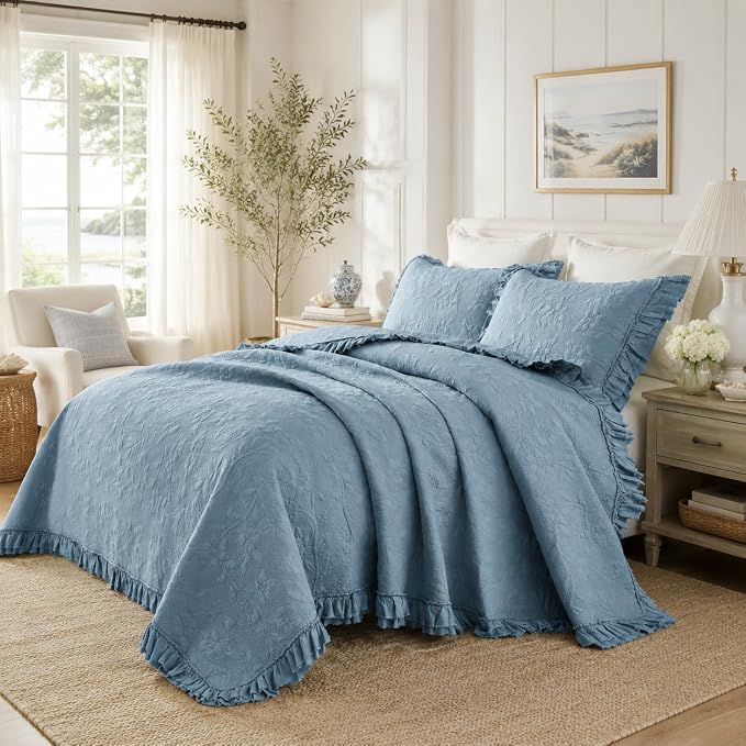 Brandream Luxury 100% Cotton Quilt Set Queen Size Blue Floral Vine Matelasse - Image 7