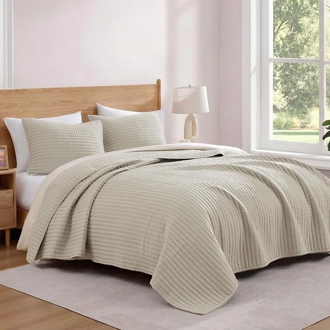 Queen Quilt Lightweight Bedspreads Oatmeal Queen Size Quilt Bedding Set | Soft - Image 4