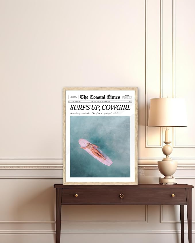 iHery Small 8x10in Surf’s Up Cowgirl Framed Newspaper Wall Art | Natural OAK - Image 5