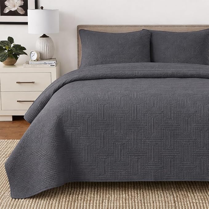 Cozy Line Home Fashions 100% Cotton Quilt Set – 3-Piece Charcoal Gray Geometric by CozyLineHomeFashions