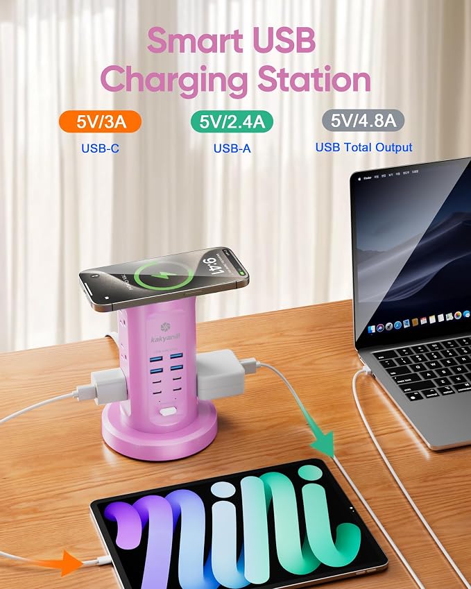 Power Strip Tower, kakyanill Charging Station 9 AC Outlets 8 USB Ports | 6 Ft - Image 5
