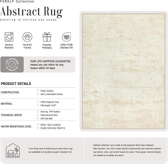 10x14 Area Rug Living Room: Modern Washable Indoor Carpet Beige | - Image 2